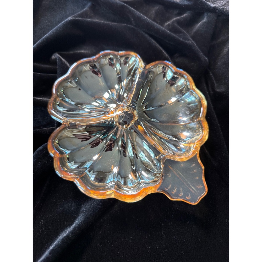 Vintage Marigold Carnival Glass Iridescent Flower Candy Dish Leaf Handle Amber - Picture 5 of 5